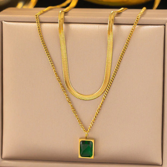 Green Emerald Geometric Layered Necklace